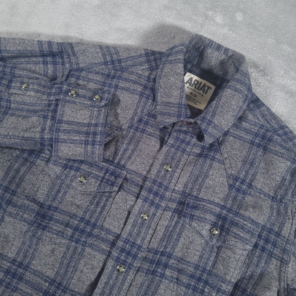 Ariat Retro Fit Flannel Shirt Mens Small Gray Blue Plaid Pearl Snap Long Sleeve
